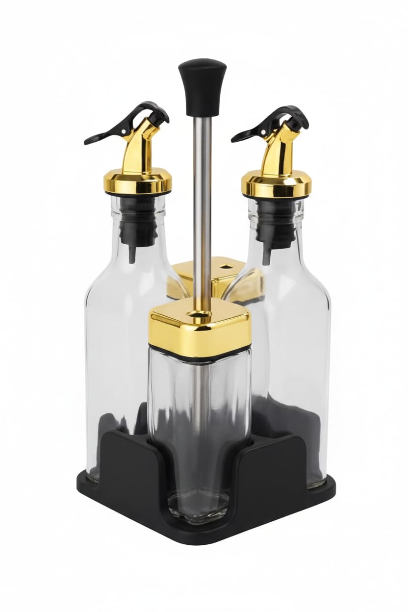 Home Care QQ-509 2 Salt Shakers and 2 Oil Bottles with Gold Stand Elegant Kitchen Storage, Pack of 1 - White Porcelain/Gold