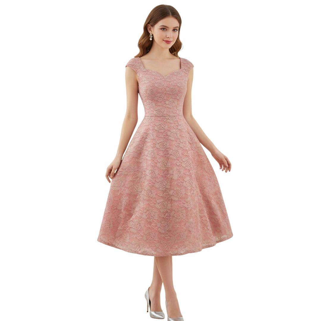 Pink Lace Dress with Cap Sleeves, Padded Chest Midi