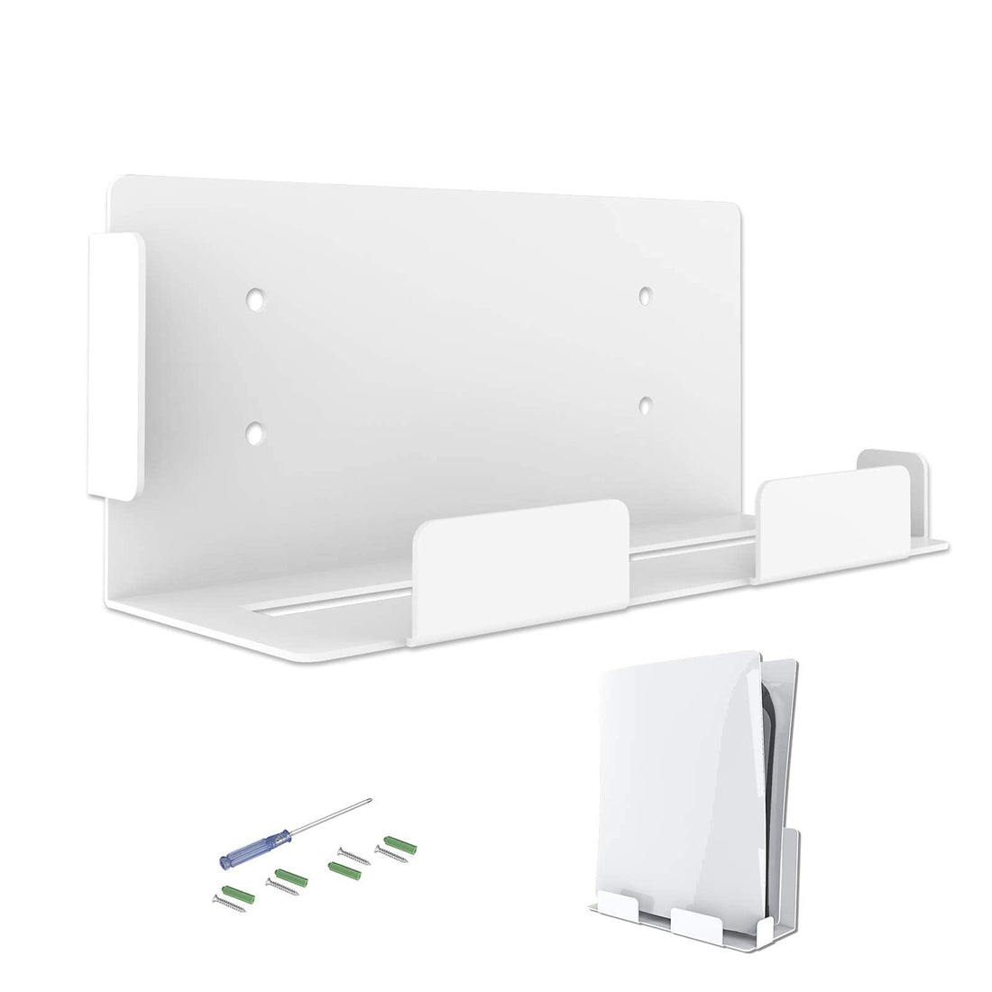 Wall Mount Stand for Playstation 5 Console (Disc and Digital Versions), Secure Metal Holder for PS5 Accessories, Space Saving & Vented for Optimal Airflow (White)