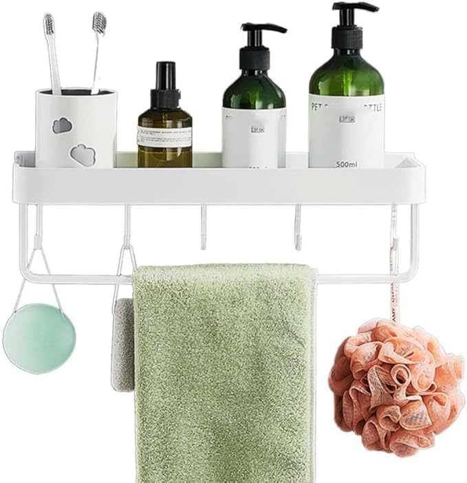 Floating Shelves, Bathroom Shelf with Towel Bar, Wall Mounted Shower Caddy Storage Organizer Shelves for Bathroom, Bedroom, Kitchen (White)
