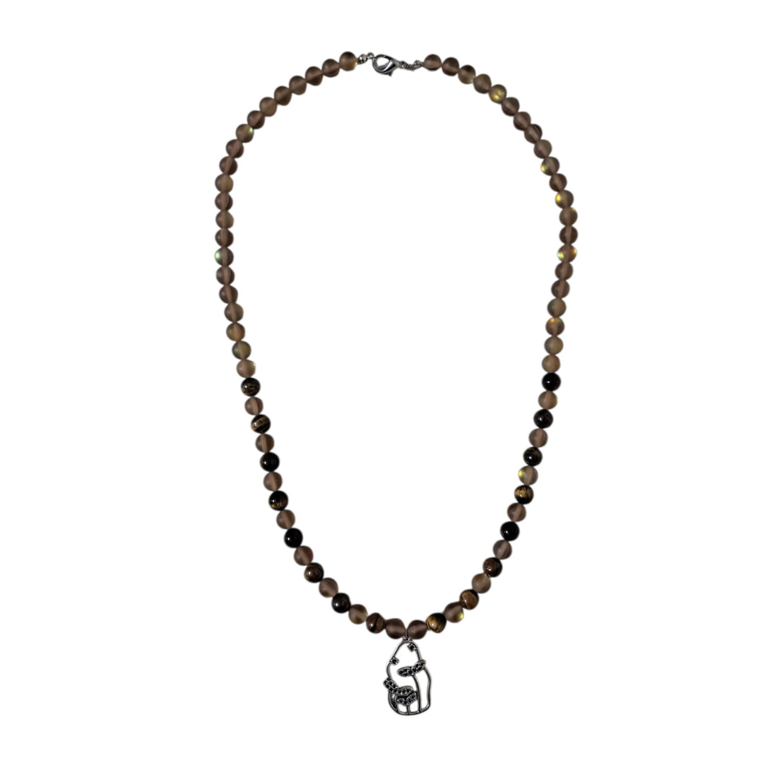 Handcrafted Smoky Quartz Beaded Necklace with Cat Pendant, Black and Brown Crystal Beads