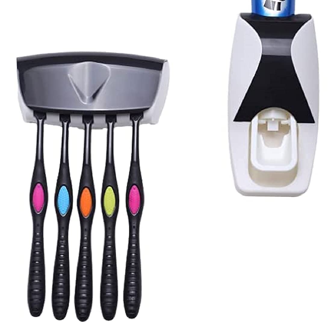 Kabir Wall Mounted Stand Kids Hands Free Toothpaste Squeezer Plastic Toothbrush Holder(Multicolor, Wall Mount)(Pack of 1)
