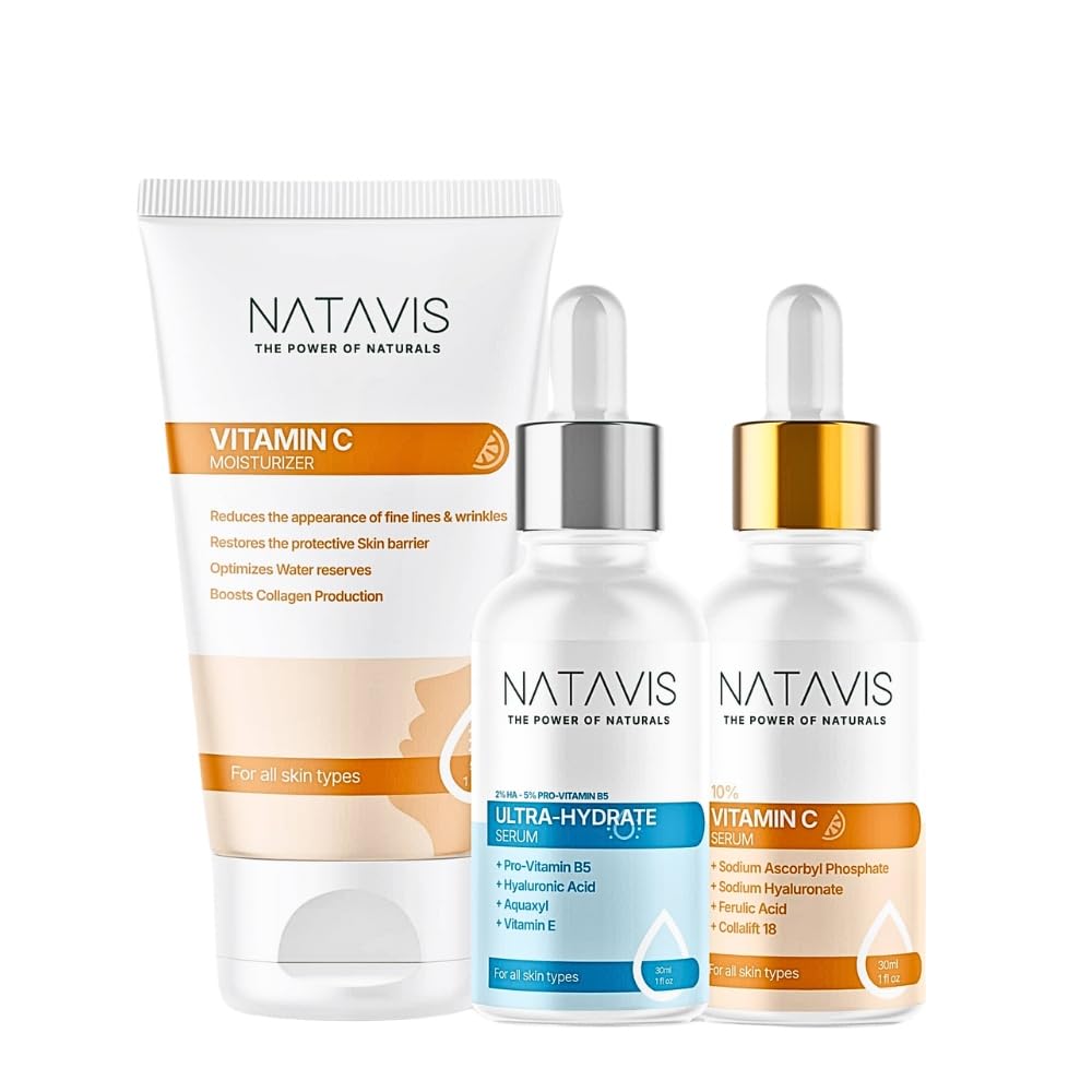 Natavis Ultra-Hydrate Serum 30 Ml + Vitamin C Moisturizer 50 ml + Natavis Vitamin C Serum 30 ml - Hyaluronic acid & Ferulic acid - Collagen Boosting - Hydrating Skincare Routine