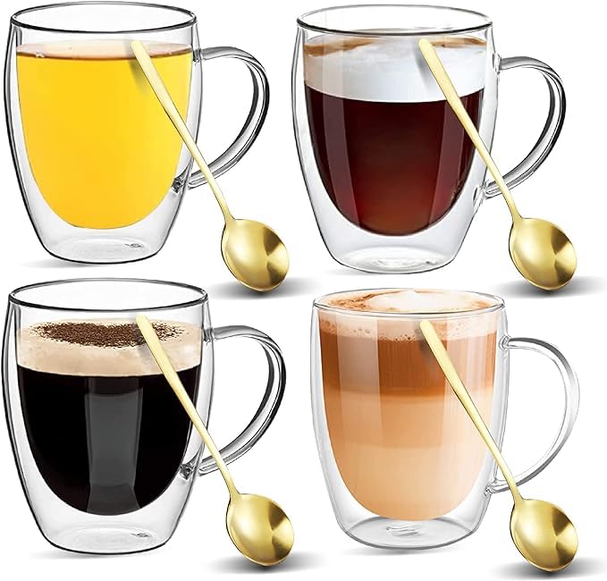 CAZADORA Double Walled Glass Coffee Mugs - 350 ml Transparent Tea Cup with Handle - Double Glazed Cups for Tea, Iced Coffee, Smoothie with Stainless-Steel Spoon (4)