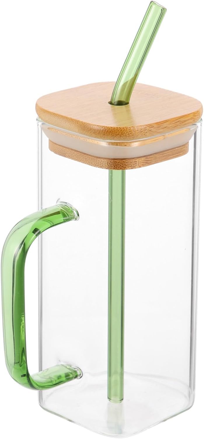 Circle M 400ml Square Glass Drinking Cups Set: Wooden Lids & Straws Iced Coffee Tumbler Beverage Glasses – Green