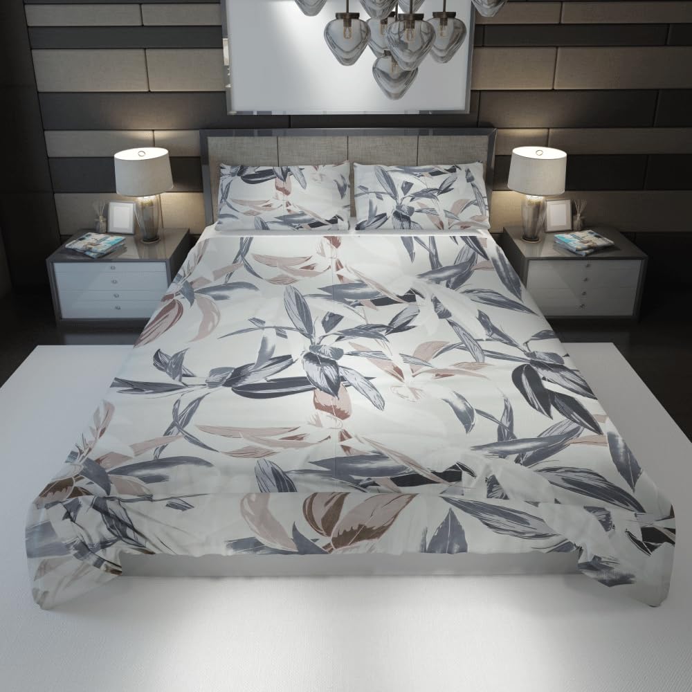 Bedn Home N Leaves Printed Flat Sheet Set, 260 cm x 280 cm Size, Beige