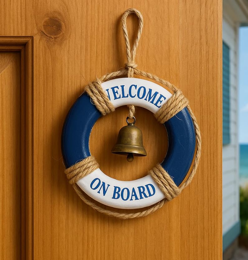"Welcome Aboard" Micro-Lifebuoy Accent – 8 cm – Artisan Nautical Ornament – Coastal Miniature Decor for Shelving, Wreaths, and Maritime Displays