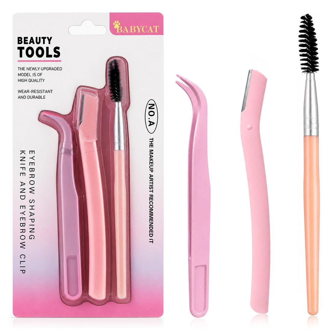 Baby Cat - Beauty Tools Set Of 3 Pcs, Eyebrow Shaping With Precision Facial Razor, Curved Tweezer And Mascara Brush For Smooth Brow & Lashes Styling and Daily Beauty Care