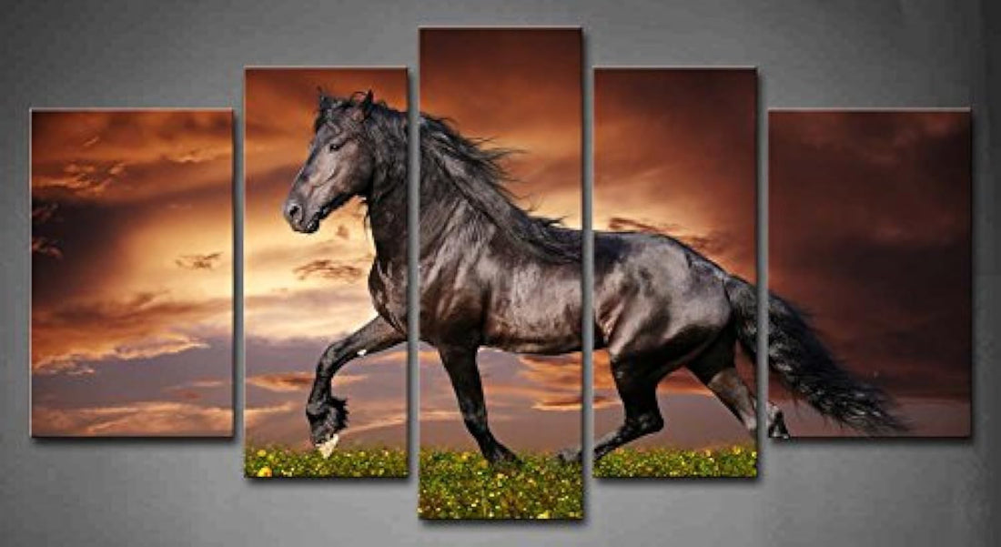 5 Panel Wall Art Black Friesian Running Horse Trot On The Field On Sunset Grass And Flower Painting Pictures Print On Canvas Animal The Picture For Home Modern Decoration piece (A)