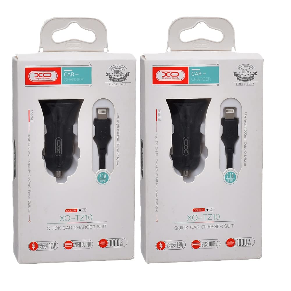 Xo tz10 car charger suit and lightning cable with 2.1a max 12w output and 2 usb output 1000mm set of 2 pieces - black