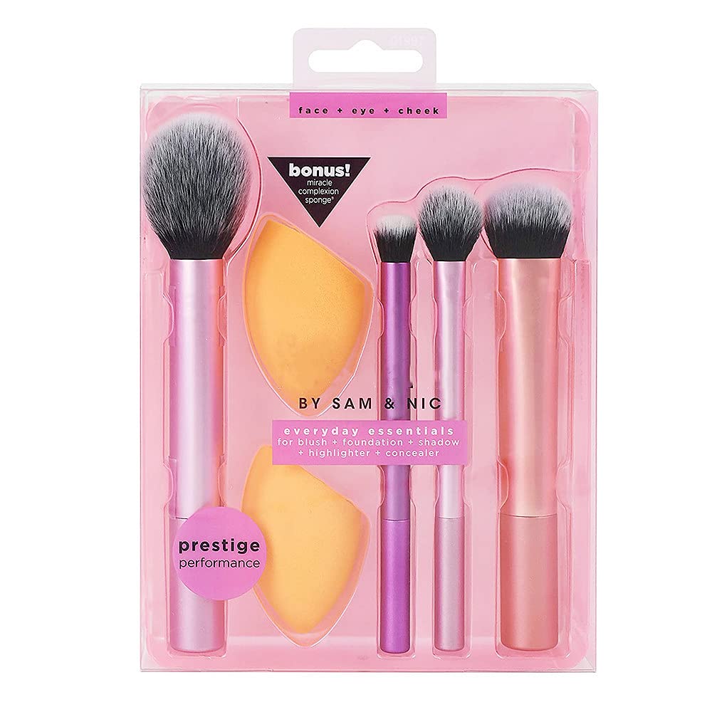 6PCS Real Techniques Makeup Brush Set with Sponge Blender for Eyeshadow, Foundation, Blush, and Concealer