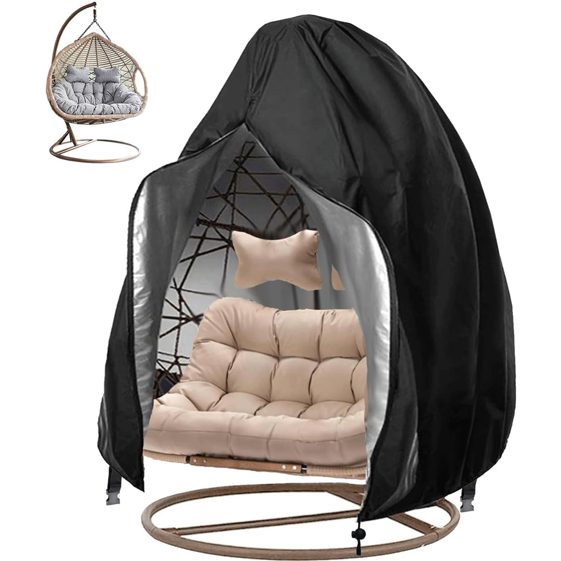 Patio Egg Chair Covers with Zipper, Wicker Egg Swing Chair Covers, Waterproof Heavy Duty Weather Resisatnt Outdoor Chair Cover, Windproof Hanging Chair Cover, 230 x 200cm, Black