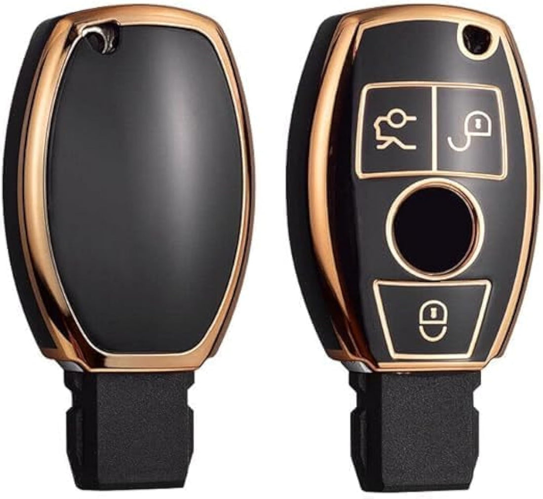 YOSHOP for Mercedes Benz Key Fob Cover Case Soft TPU Key Fob Case Shell Protector, Suitable for C E S M CLS CLK G Class, Gold Edge Black