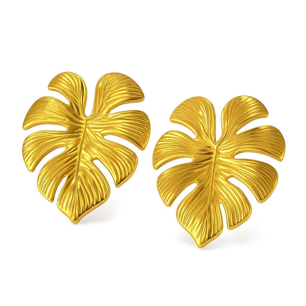 Gold Leaf Stud Earrings for Women – Gold Plated Stainless Steel Leaf Earrings – Elegant Statement Earrings for Daily Wear & Gifts