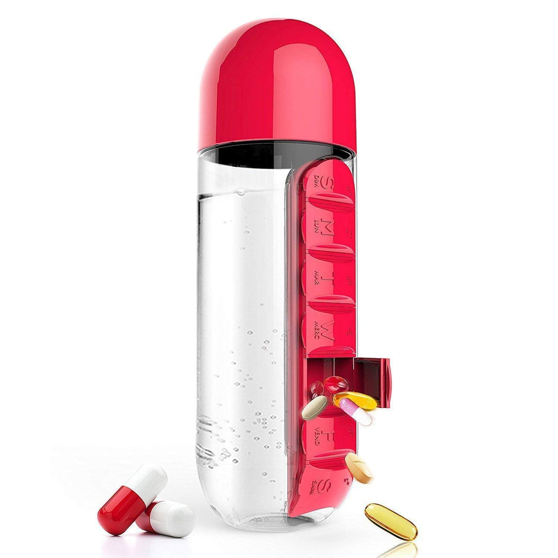 Kevibuy 7-Day Water Bottle with Pill Organizer Case 20 oz | Weekly Pill Holder Reminder Box for Vitamin/Fish Oil/Supplement | Medication Holder with Daily Marker for Sport and Travel 2 in 1 (Red)