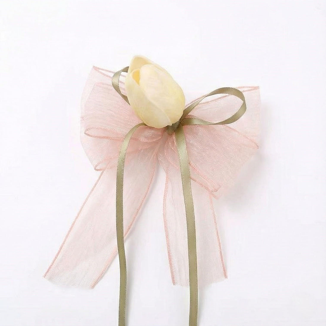 Nopatia Pink Tulip Bow Hair Clip - Elegant & Poetic "Coquet" Hair Accessory - Soft Organza Flower Clip for Occasions and Delicate Daily Looks (White)