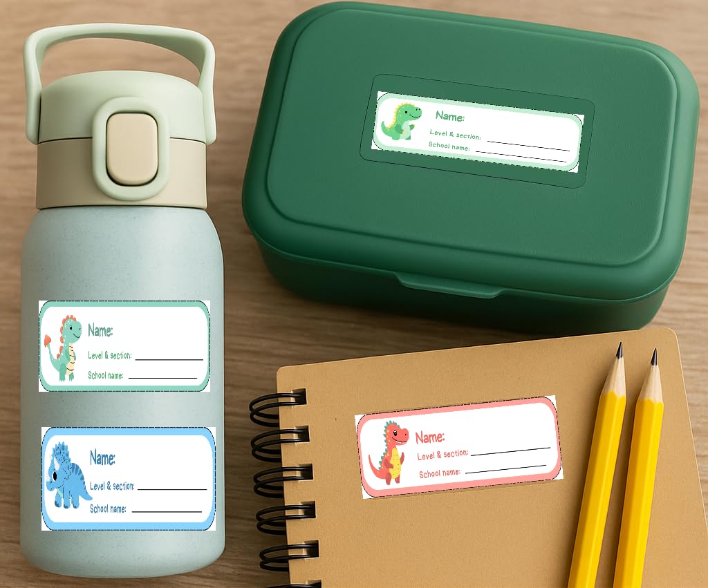 Dinosaur Name Labels for Kids | 18 Water-Resistant Adhesive Stickers | Perfect for School Supplies | استيكرات ديناصورات للأطفال – ١٨ ملصق مقاوم للماء مثالية للأدوات المدرسية