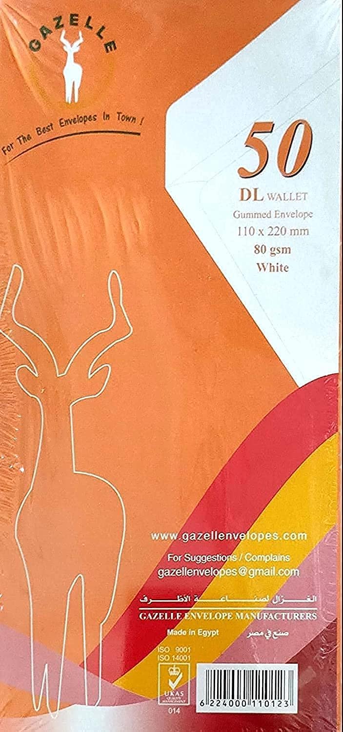 Gazelle White Rectangular Envelope 22x12, 50 Pack, Self-Seal, Minimalist, Tamper Proof