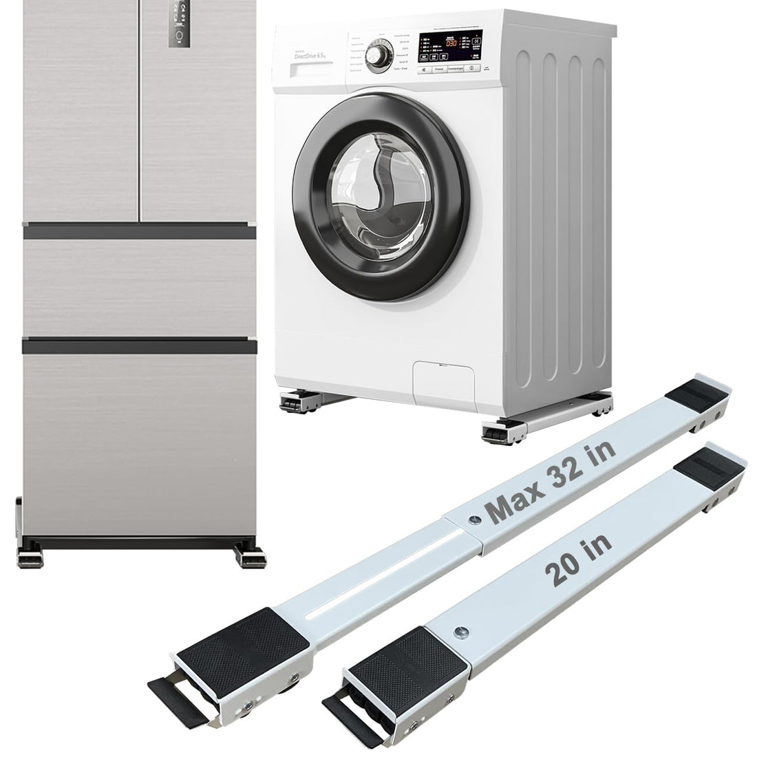 DE LUJO Heavy Duty Adjustable Appliance Roller Base, 2 Movable Stand for Washing Machines Refrigerators Dryers Dishwashers Heavy Equipment, 300 kg Load Capacity with Lockable Wheels - White