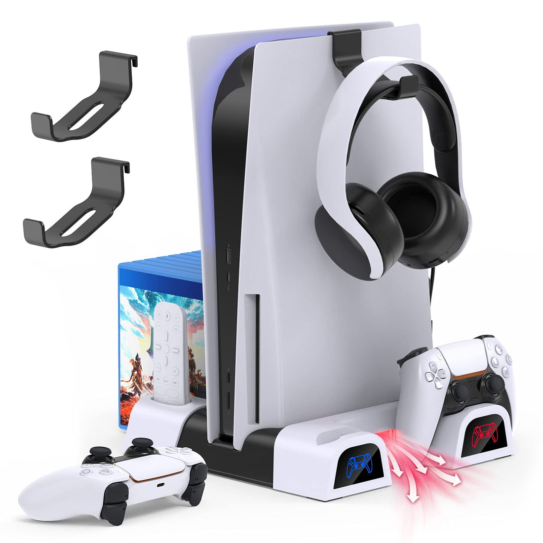 5 in 1 Vertical Stand for PS5 & PS5 Digital Edition with Cooling Fan 3 Adjustable Level and Controller Charger Dock Fast Charging with LED Indicator, 2 Holder Hanger, Remote &10 Game Rack Organizer