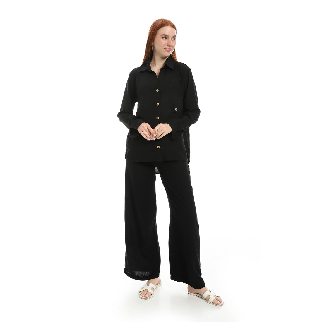 Women's Button-Up Shirt and Wide-Leg Trousers Co-ord Set, Long Sleeve, Relaxed Fit-19348