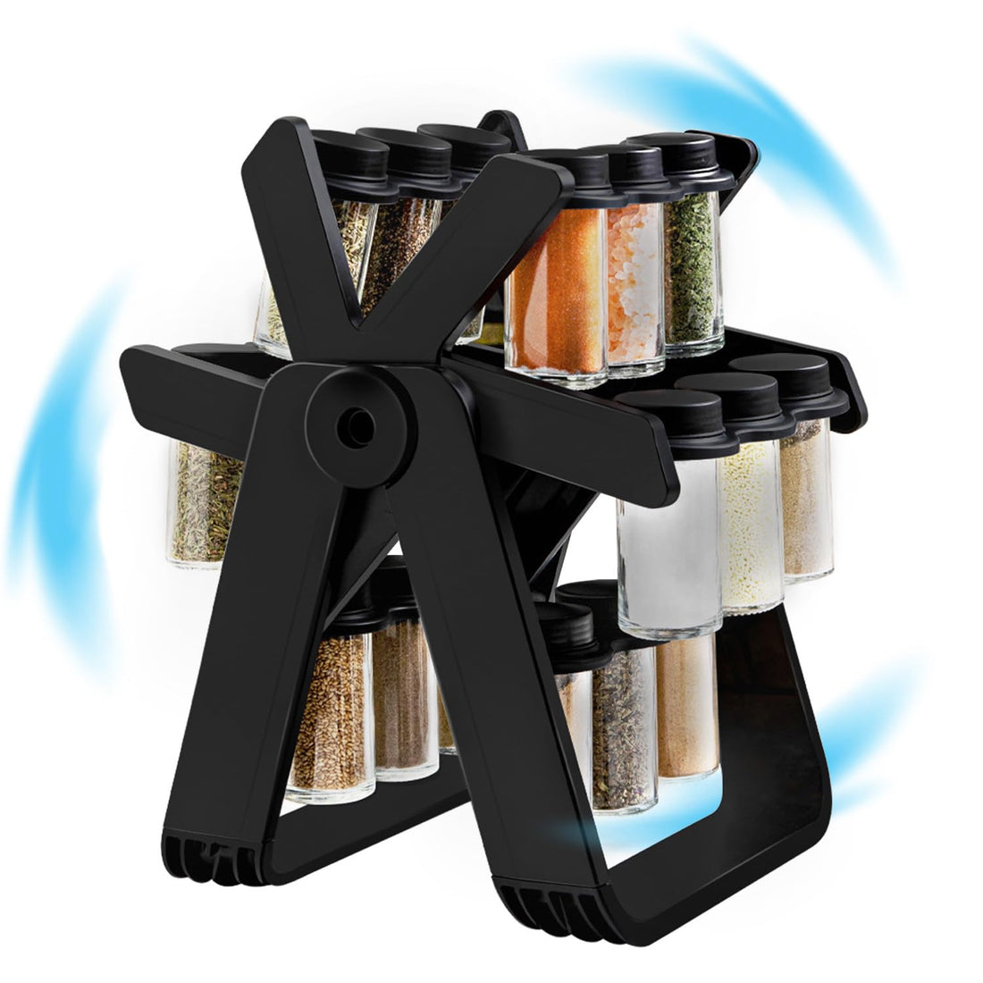 Rotating Spice Rack Set with 18 Glass Spice Jars/Funnels/Spice Label Stickers, Spinning Ferris Wheel Spice Rack for Kitchen Countertop Condiment Organizer - Black