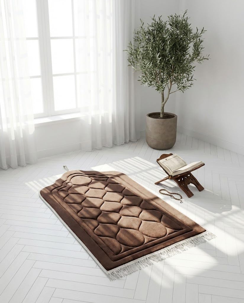 Premium Praying Mat Padded Comfort Knees Soft Velvet Fabric with Elegant Ottoman Design Large Size 120x70cm Royal Colors (Brown)