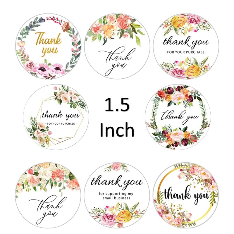 Thank You Stickers Round Stickers EIght Modern Floral Style designs 1.5 Inch 38 mm, for Envelope Greeting Cards Gifts Packing Supplies no. of Stickers (40)