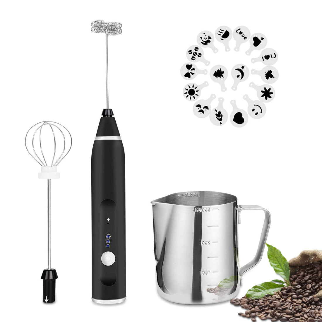 Milk Coffee Frother Rechargeable, FITNATE Electric Milk Foam Maker Blender with 3 Speeds, 2 Stainless Steel Whisks for Coffee, Hot Chocolate, Latte, Cappuccino and Chilled Drinks Egg
