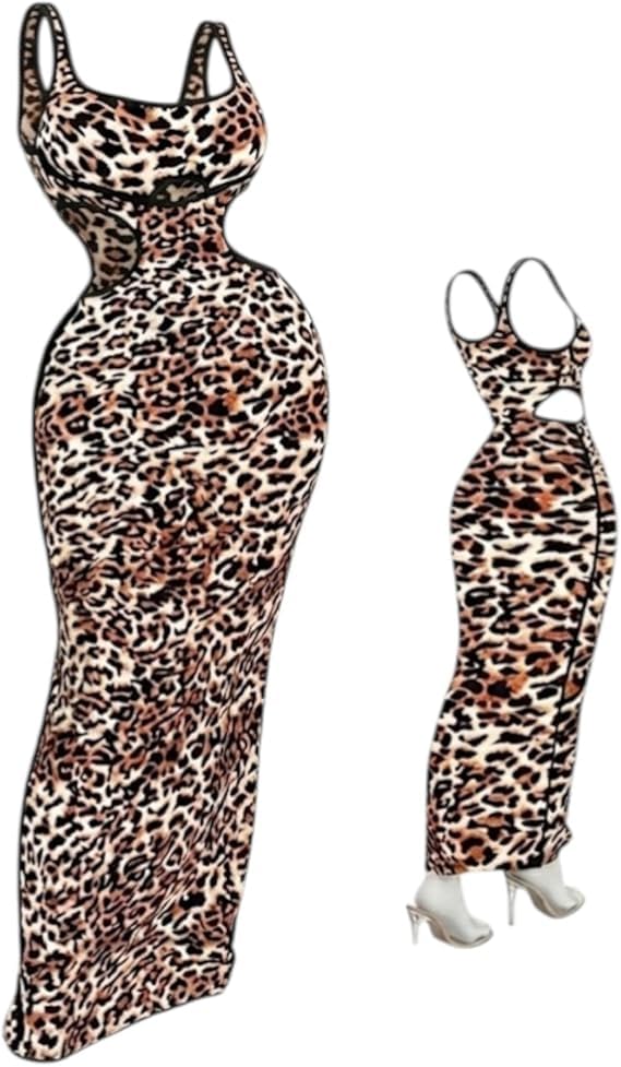 Women Leopard Print Maxi Dress, Bodycon Sleeveless Summer Dress with Side Cutouts and Stretch Fabric