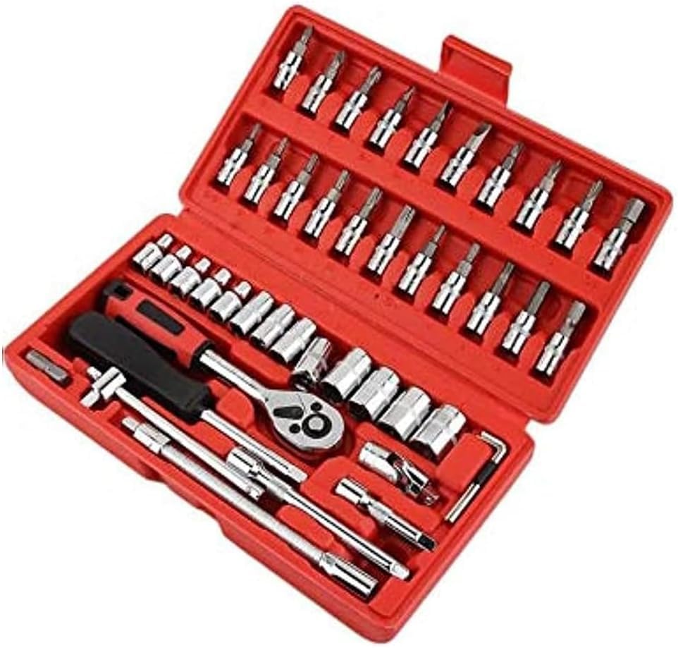 Ratchet Wrench Set with Metric Bit Set, Extension Bar, Storage Bag for Car and Home Repair 1/4-inch 46-Piece