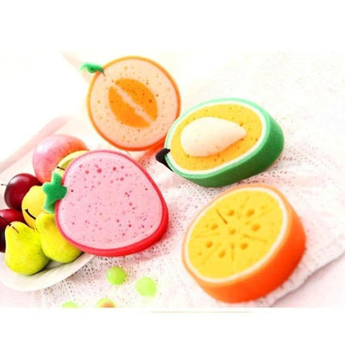 Delicate Fruit Bath Sponges & Baby Bath Tools Set - 4 Pcs Bath Bomb Cleaning Sponge and Exfoliating Brushes, Now Available in 床 Cat