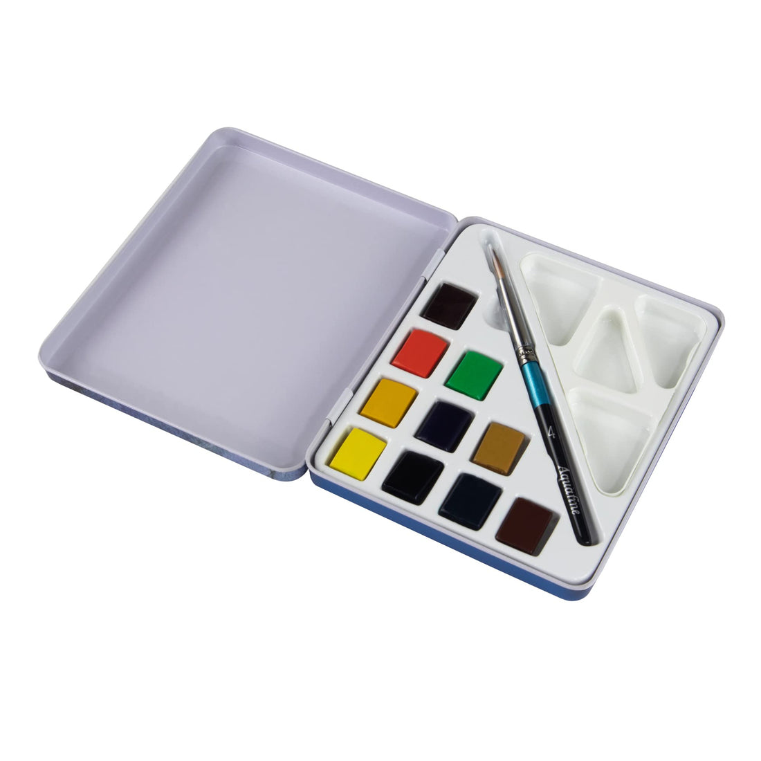 Daler-Rowney Aquafine Watercolour Half Pan Paint Travel Set, 10 Assorted Colours + 1 Aquafine Watercolour Brush, Ideal for Professional & Beginner Artists & Students