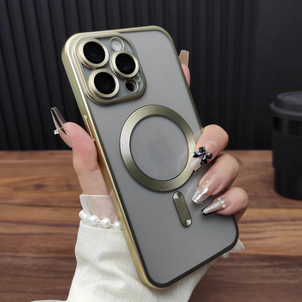 For iPhone 15 Pro soft TPU Case Support Magsafe Wireless Charging with Camera Lens Protector Full Body Protection Shockproof Anti-Scratch Cover silicon case -Gold