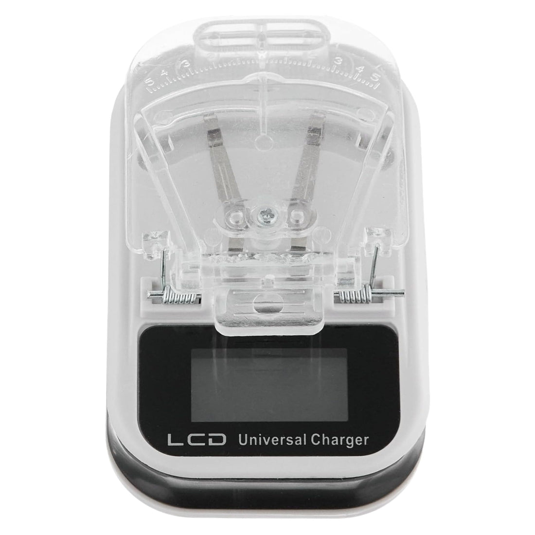 Universal battery charger with digital LCD display, smart charging platform with USB port and wide compatibility with various types of removable phone batteries.