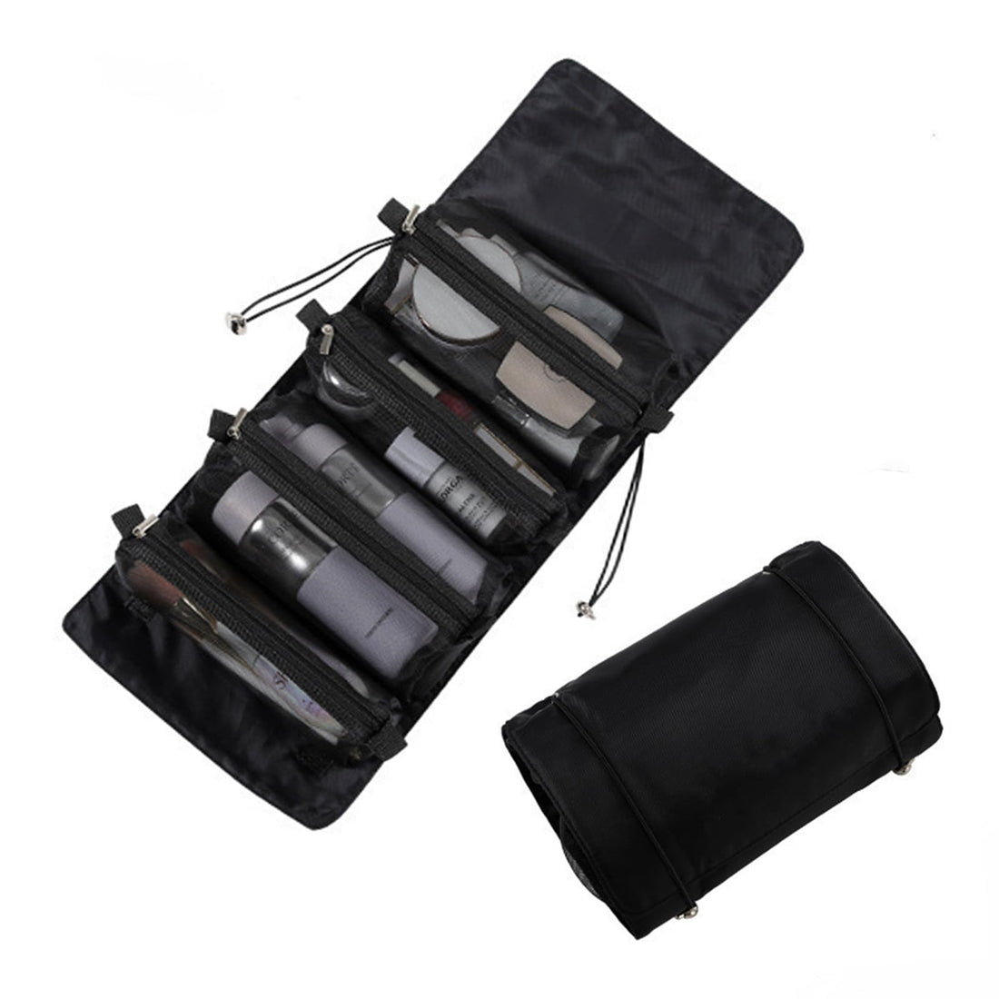 4 in 1 Detachable Cosmefic Bag, Roll Up Makeup Organizer Bag Toiletry Bag, Folding Cosmetic Travel Bags with Hook and Loop for Gym Camping Grooming (Black)