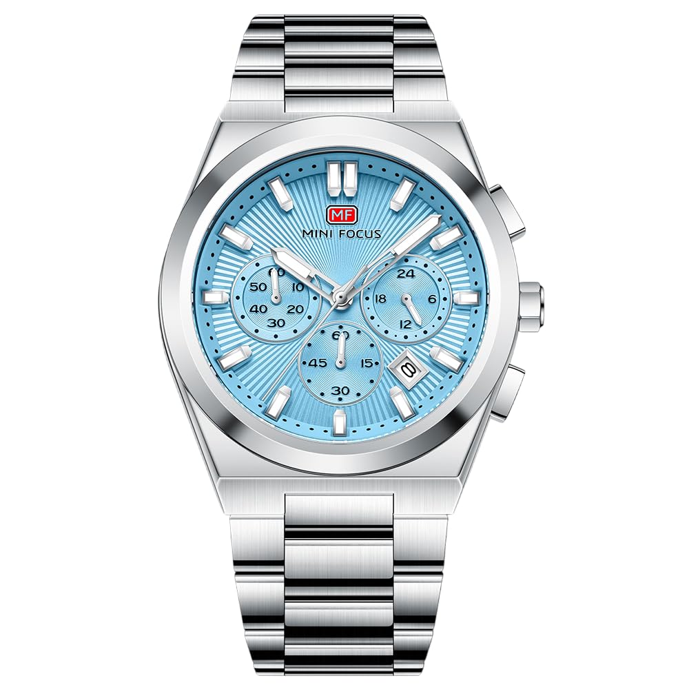 MF MINI FOCUS Men's Chronograph Watch with Stainless Steel Strap & Cobalt Dial & Date Display | Quartz Movement, 3 ATM Water Intake, 42Mm Round Case Wrist Watch for Business & Daily Styling (MF0614G)