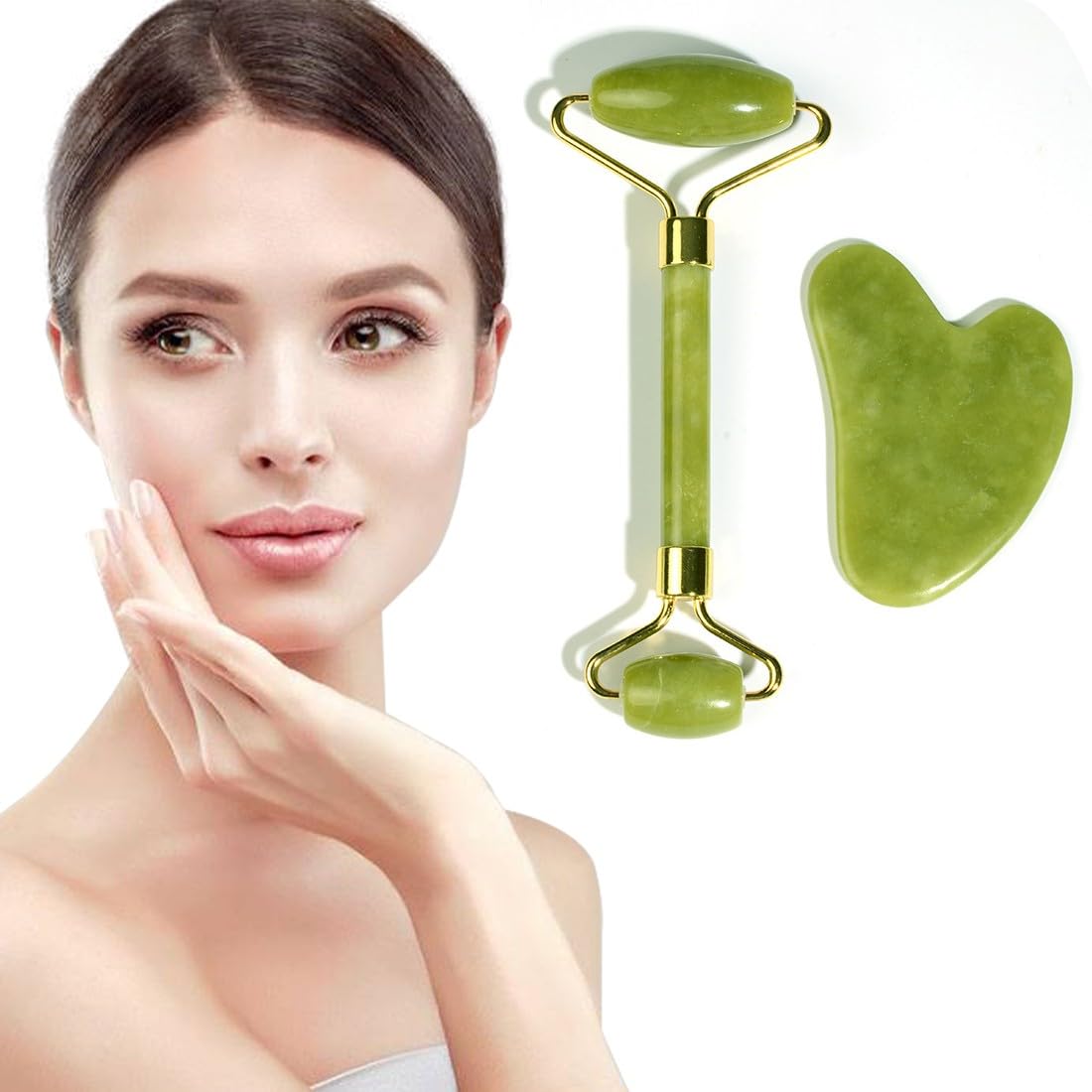LB Leigh&B Jade Roller and Gua Sha Anti-Aging Facial Massage Set