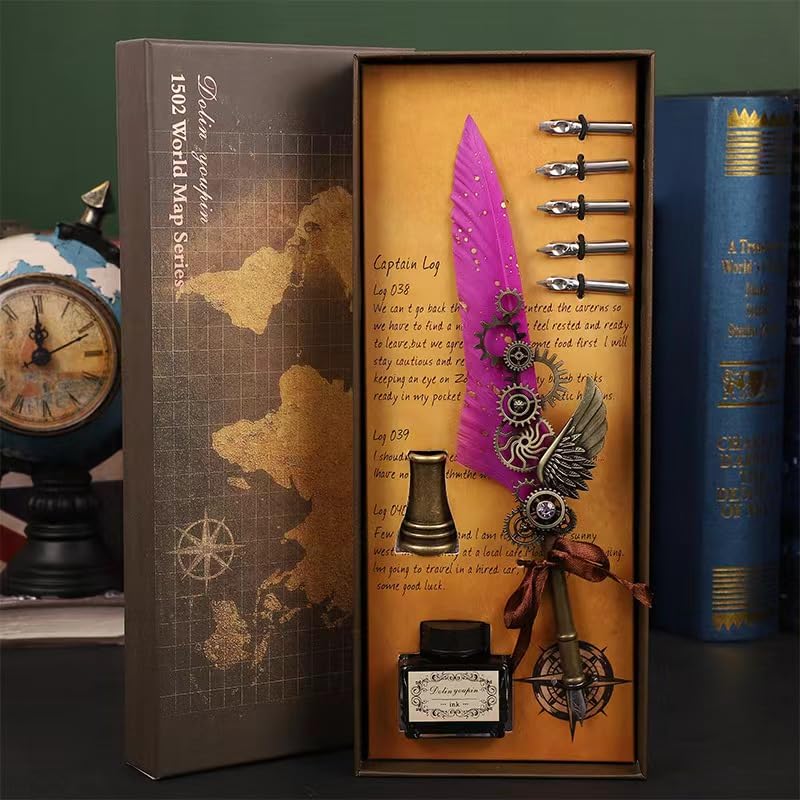 Quill Feather Pen and Ink Set,Calligraphy Set,Calligraphy Kits Include Antique Quill Feather Pen,5Nibs,1 Bottles Inks,Pen Holder for Beginners Birthday Gift