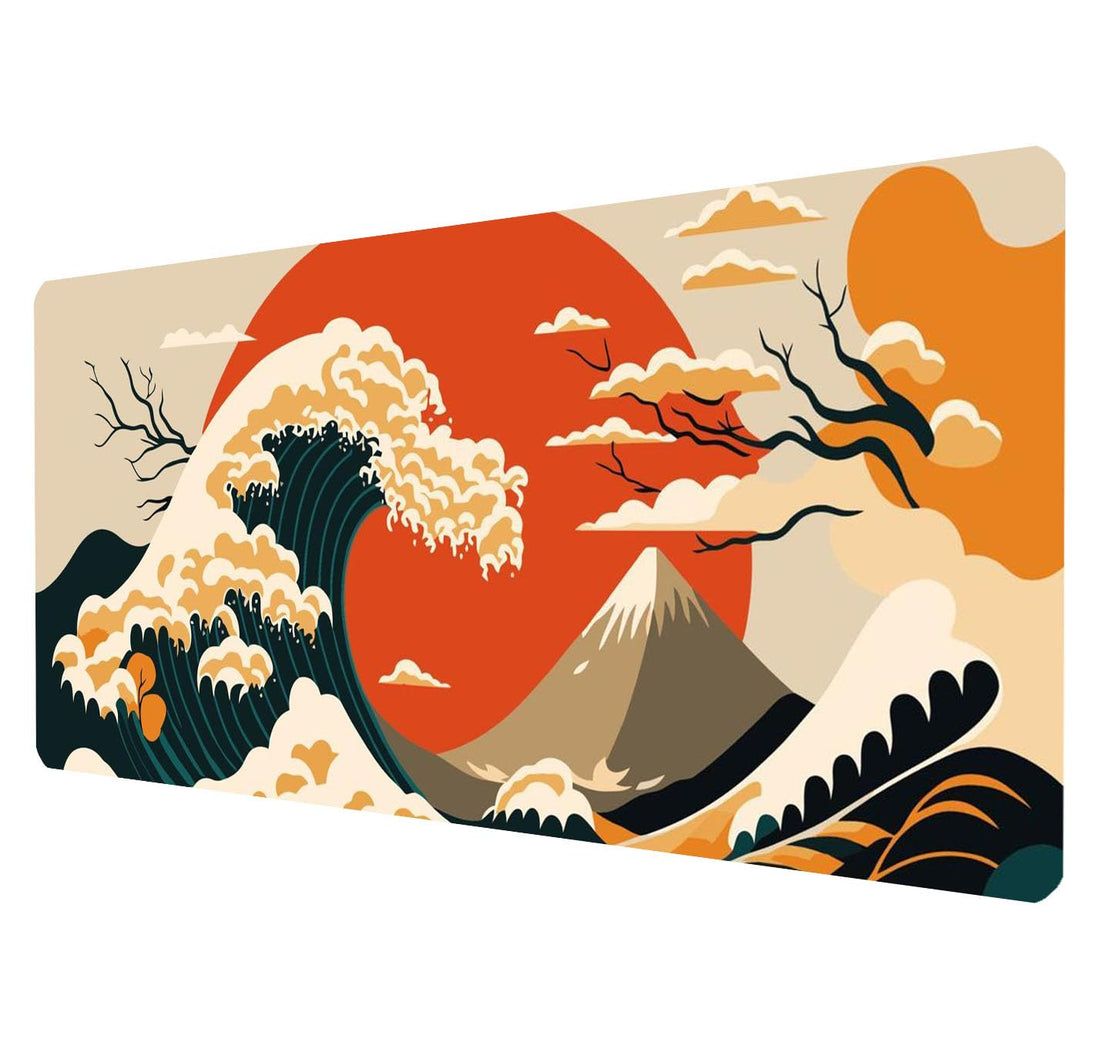 Japanese Abstract Sea Waves Gaming Mouse Pad (70× 30cm) for Keyboard and Mouse Desk Mat – Anti Slip Rubber Base – Stitched Edges – Waterproof – Speed Edition