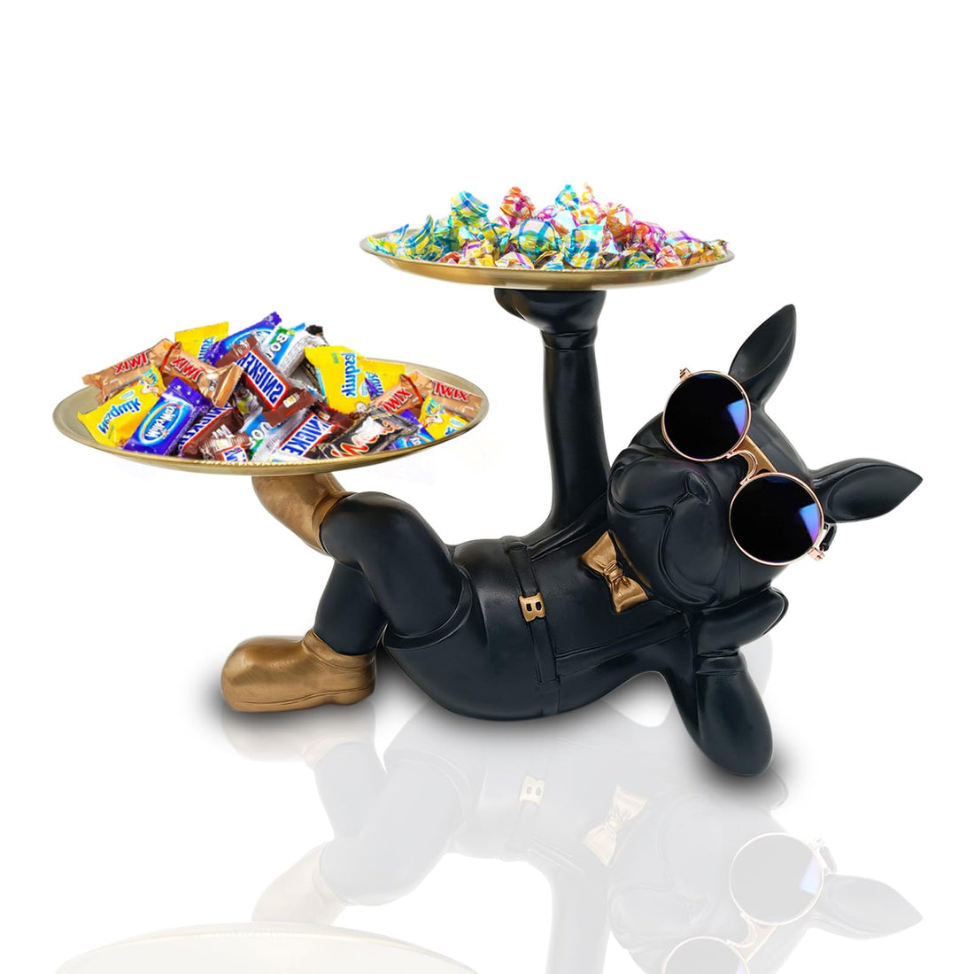 Huhote Resin Bulldog Tray Statue, Lying Bulldog Candy Dish Key Holder Bowl, Bulldog Gifts Accessories, Statues for Office Desk Home Decor Figurines Entryway Table Decor (Black)