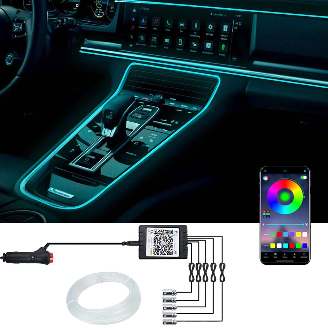 AZIMOM Car LED Strip Lights, Multicolor RGB Car Interior Lights, 5 in 1 Atmosphere Lights with 236.5 inches Fiber Optic,Sound Active and Music Sync Rhythm APP Remote Control for All Cars
