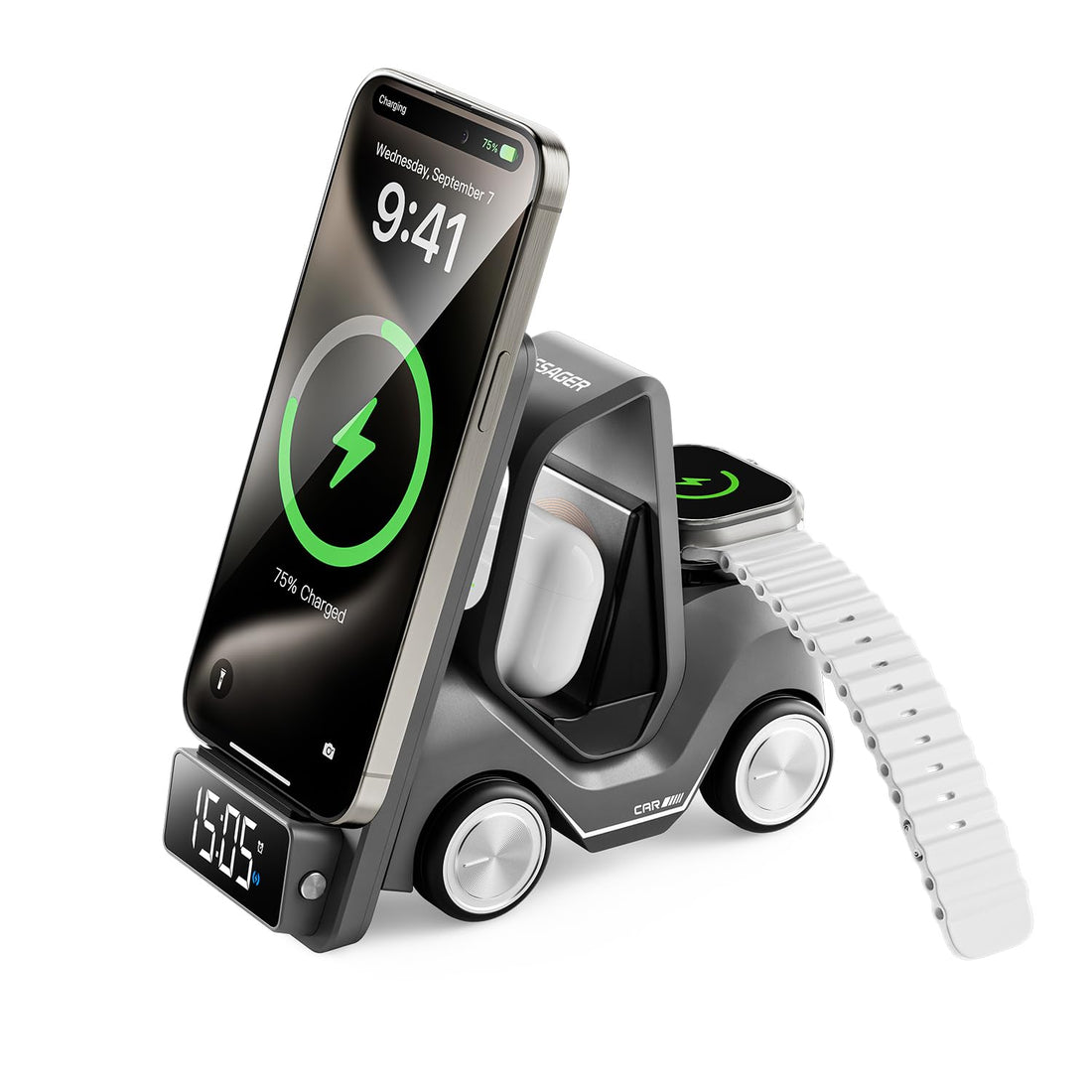 ESSAGER Wireless Charging Station with Alarm Clock, Night Light, 5 in 1 Wireless Charger for Sumsung, iPhone 15/14/13/12 Series, AirPods 3/2/Pro/Pro 2, Apple Watch/iWatch, (Black)