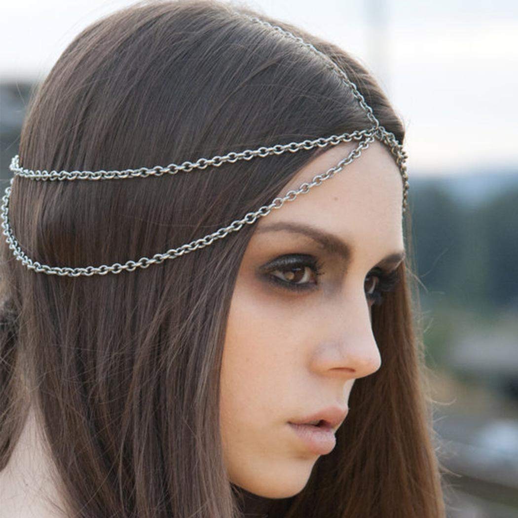 Dreamin Vintage Halloween Head Chain Jewelry Layered Tassel Hair Accessory Indian Hair Chain for Women and Girls (Silver)