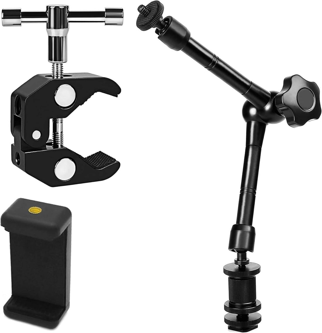 Magic Arm Camera & Phone Mount, 11 Inch Adjustable Aluminum Metal Articulating Arm with Phone Clip, for Various Cameras, LED Lights, Content Makers, Running and Cycling Photography
