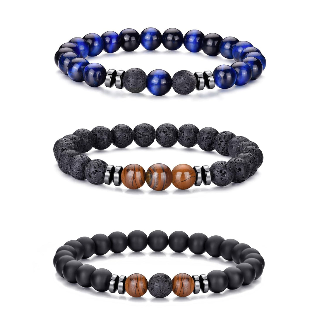 Tiger Eye Beaded Bracelets for Men - Elastic 8MM Natural Stone Bracelet Set Lava Rock Bracelets Gifts for Son Grandson Bonus Son Boyfriend Brother