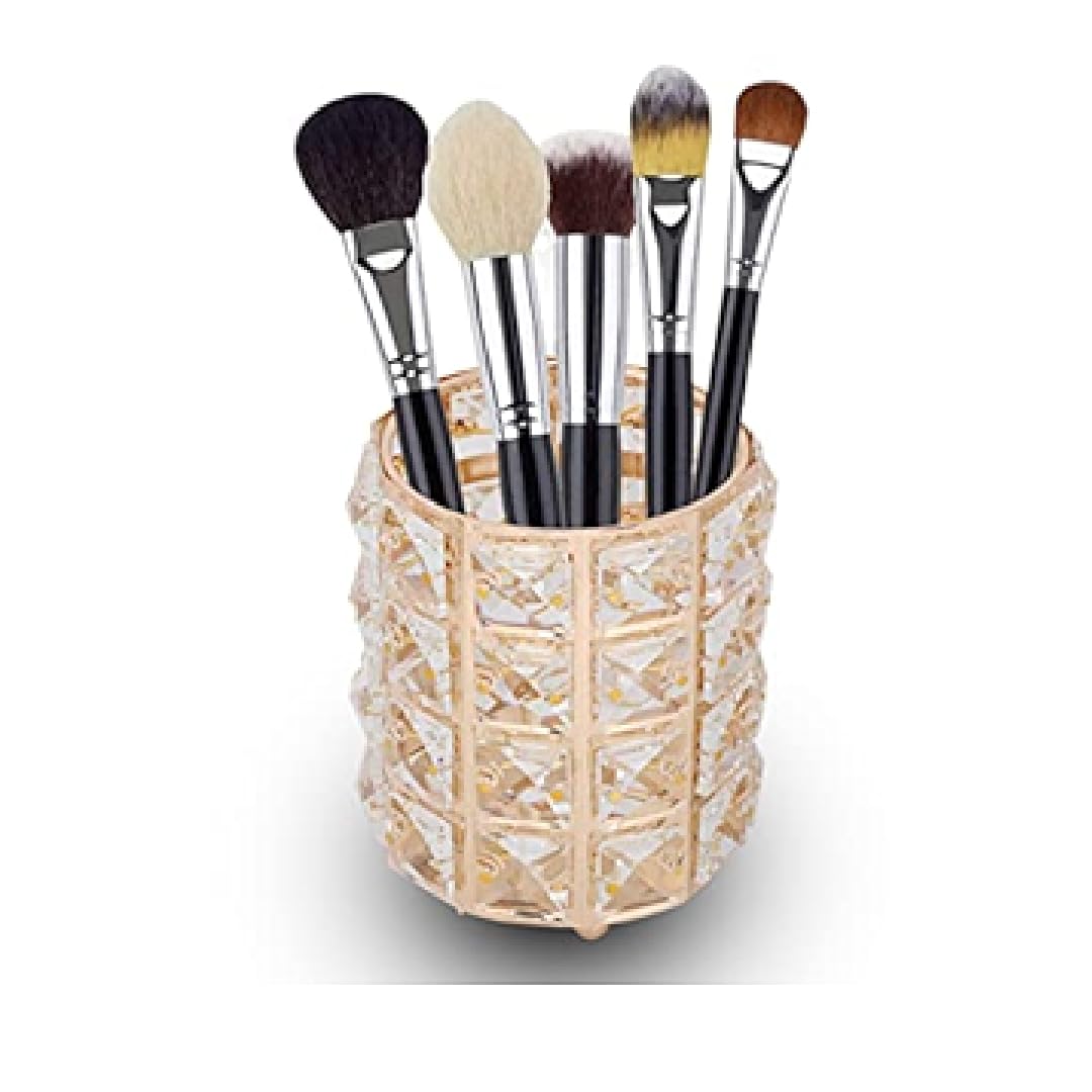 hanso Crystal Makeup Organizer Brush Holder Cosmetic Tools Organizer Storage Container Handcrafted Pen Pencil Holder Pot Cup Candle Holder for Gift Bedroom Office (Gold)