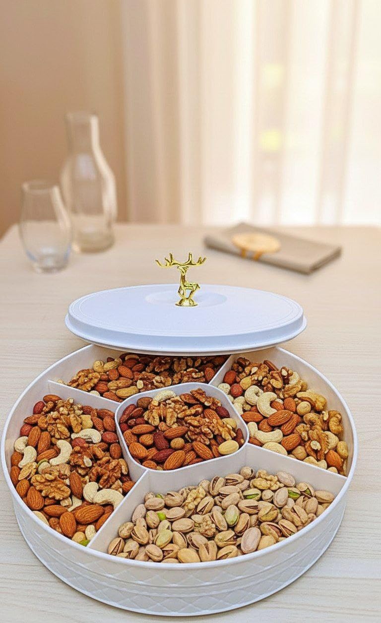 Generic Nut Organizer with Lid, Decorative Serving Tray with Multiple Compartments, Gold Deer Handle .flo