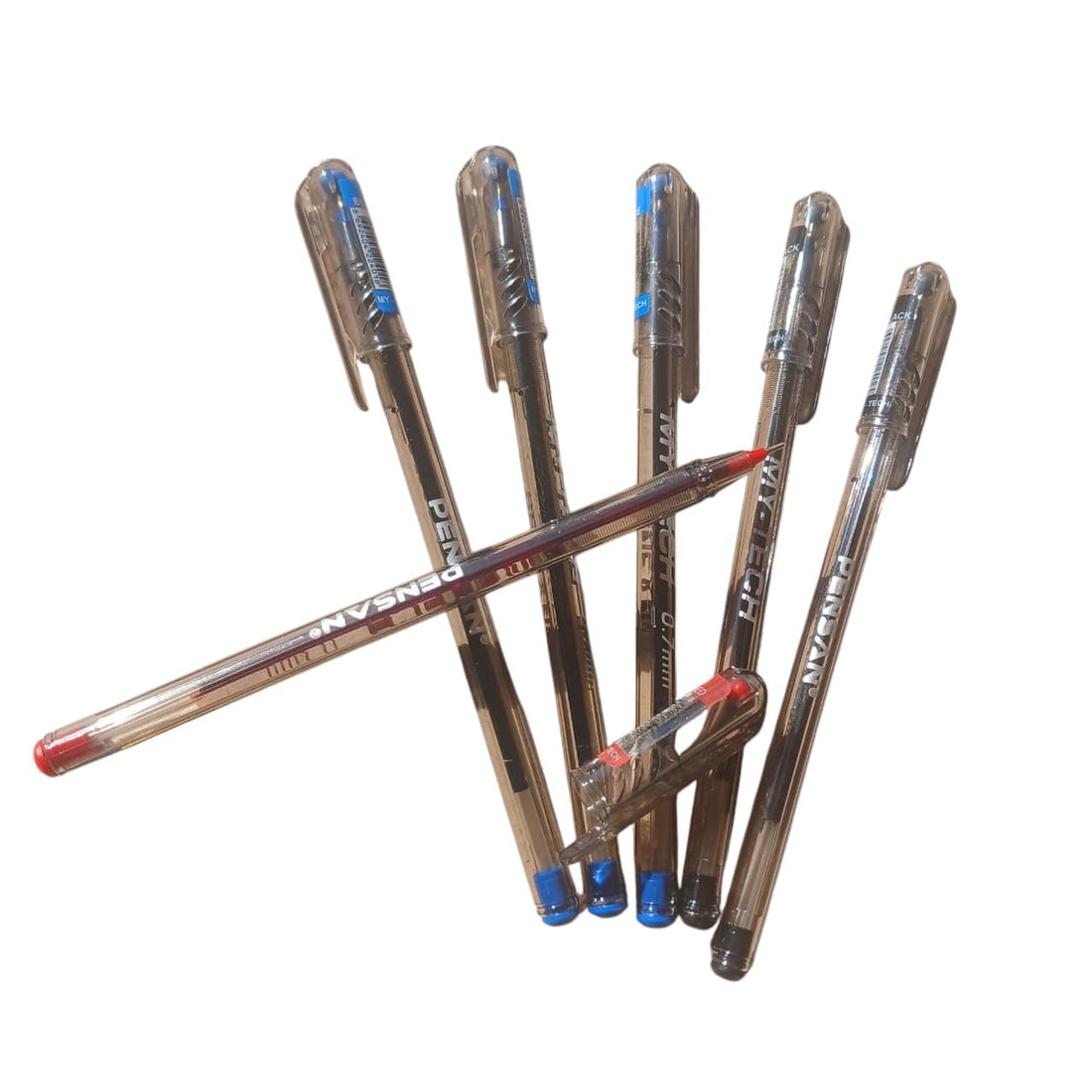 Half Dozen 6 Pensan My Tech Turkish Made Original Pens - 3 Blue 2 Black 1 Red - 0.7 mm Ballpoint Ink