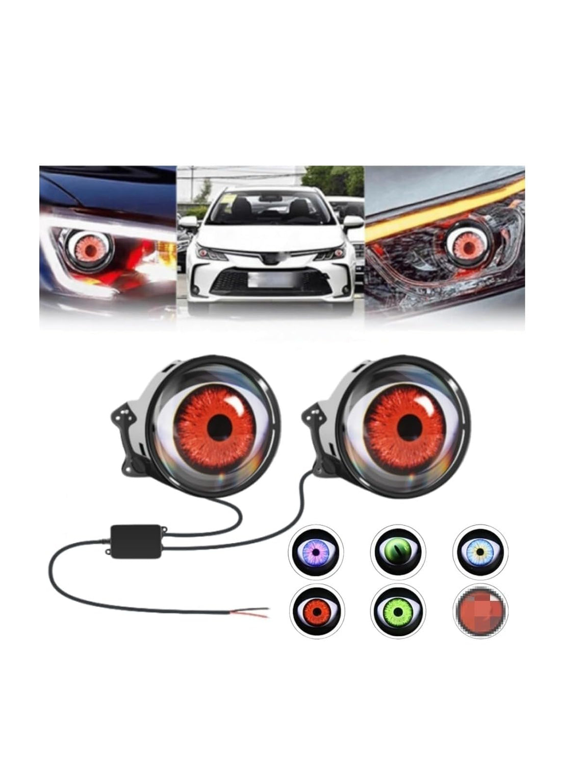 Dynamic Devil Eyes LED Car Headlight, 2 Pieces, Red Light, 12V, Adjustable Blinking Demon Eyes with Color Lenses